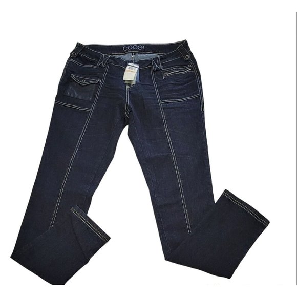 Coogi Women's Skinny Jeans Denim Faux Leather Pocket Blue Size 14W NEW with Tags - Picture 1 of 16